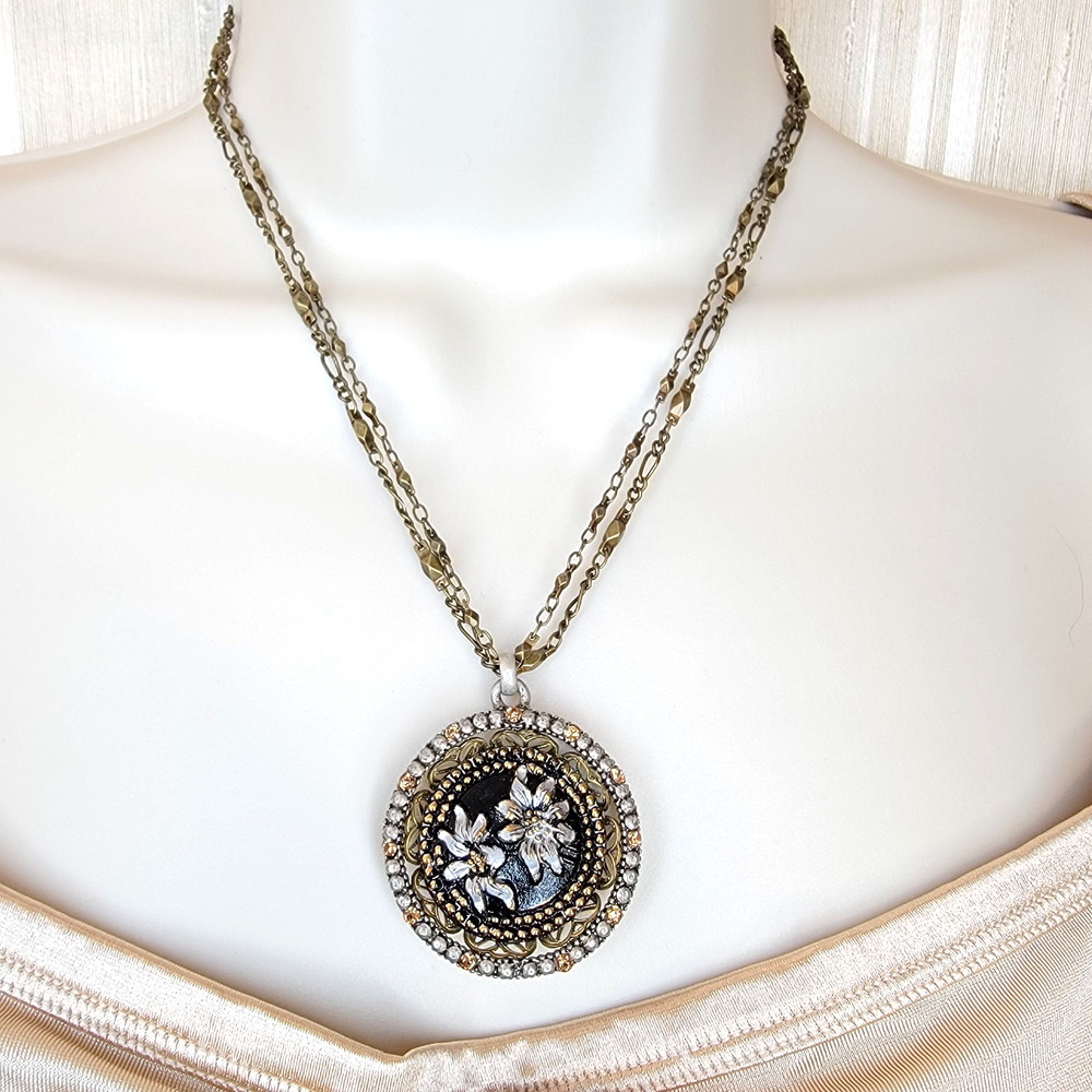 Sweet Romance Shelley Cooper 3D Domed Medallion Double Strand Necklace Brass 21″