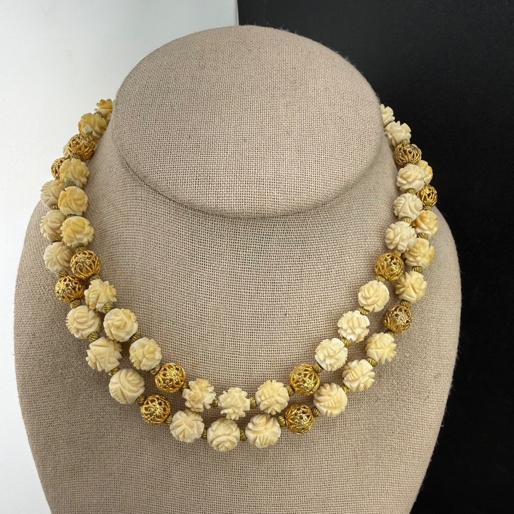 Vintage Flower Beaded Necklace Carved 32”