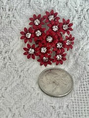 Vintage Red Daisy Flower Brooch Pin Rhinestone Center