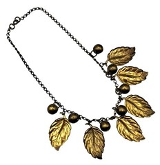 Vintage Brass Leaf Berry Necklace With Adjustable Chain Antique