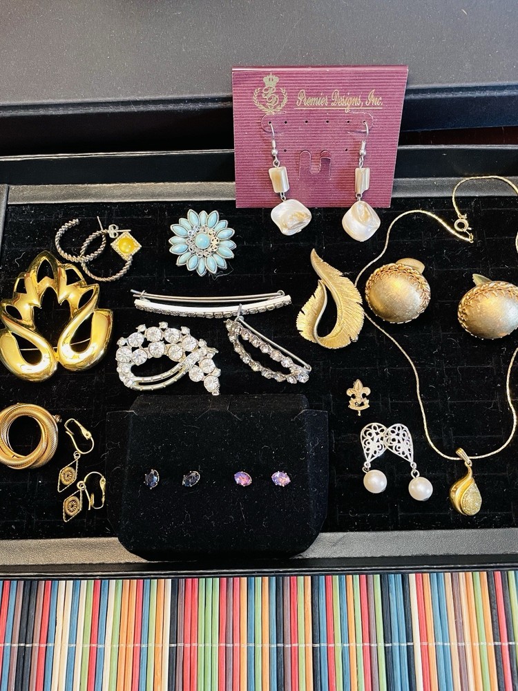 Jewelry Lot Ronte Diamond Dust Necklace Rhinestone Brooch Earrings 17 Pcs Vntg