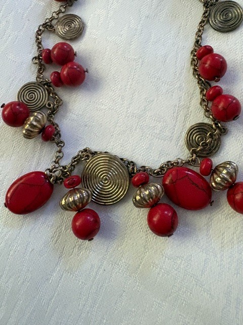 Vintage Red Bead Necklace w/ Spiral Discs – 17” + 2” Extender – Boho Statement 4