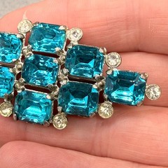 Vintage Brooch Blue Stones Clear Rhinestones 2.5 Inches