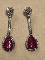 Large 14K Solid Gold Authentic Natural Ruby Diamond Leaf Earrings AGI Certified!