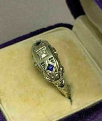 Art Deco Style Lab Created Diamond & Sapphire 14K White Gold FN Engagement Ring