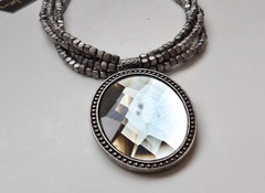 Cookie Lee NWT Silver Tone Beaded Necklace w/ Faceted Mirror Pendant 15″ to 19”
