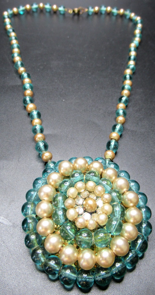 Beautiful Blue Glass Faux Pearl Medallion Vintage Necklace
