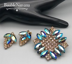 Vintage AB Iridescent Peacock Blue/Green Stones&Brown Square Pin&Earrings Set