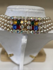 VTG De Liguoro Italy Faux Pearl Multi Strand Rhinestone Clasp Necklace, Earrings