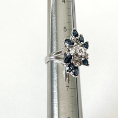 Vintage Blue & Clear Crystal White Gold Plated Statement Cluster Ring Size 6