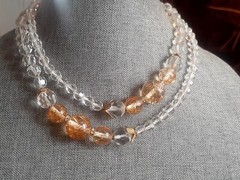 Miriam Haskell gold confetti lucite & clear fauceted glass Bead Necklace