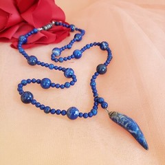 Vintage Lapis Lazuli 20” Long Necklace with Horn Pendant 32g Beauty