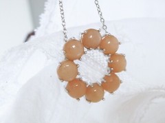 New Sterling Silver 925 Peach Moonstone Halo Round Pendant Necklace