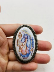 Vintage Silver Tone Russian Finift Hand Painted Porcelain The Snow Maiden Brooch