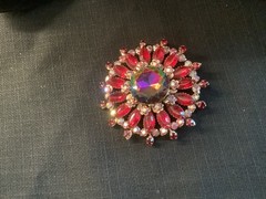 Juliana costume jewelry Red rhinestone pin, large at 3″