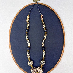 Tribal Wood Beaded Statement Necklace Black Cream Brown Boho Artisan Vintage