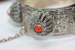 Vintage Silver Alloy Metal Ladies Jasper Bangle 20MM Wide Bracelet 7″ Heavy 64Gr