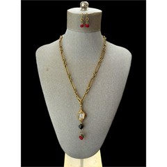 Victorian Raw Brass Necklace w/ Vintage Watch & Cherry Earrings Set