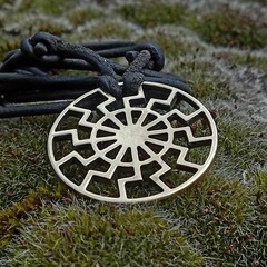 Black Sun Pendant Necklace – Brass Sonnenrad Medallion on Black Cord