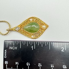 Stunning Vintage Tear-Drop Jade, Pearl, & Diamond Gold-Tone Pendant & Necklace