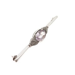 835 Silver Vintage Real Oval-Cut Amethyst Oxidized Bar Pin Brooch