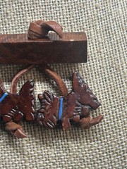 Vintage 1940s Carved Wood Dangling Scottie Dogs Brooch – Leather Cord Pin