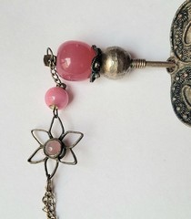 Vintage Chinese Silver Plated Filigree Hair Pin Pink Rose Glass Cabochons