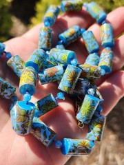 Vintage Blue Polymer Clay Barrel Beads Butterfly Floral Printed Design Necklace