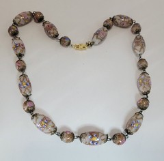 Venetian Murano Wedding Cake Glass Bead Necklace oval + round 16.5 inch vintage