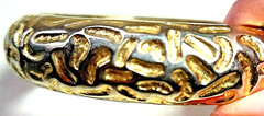 Unsigned Designer Cuff Clamper Bracelet 1980’sEmbossed Textured Hinged Goldtone