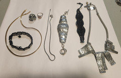 Costume Jewerly, Black, Silver, Gold 3 necklaces, 3 bracelets, 2 rings
