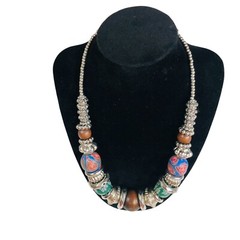 Wooden Polymer Clay Floral Silver Beaded Statement Necklace Disc Chunky Boho