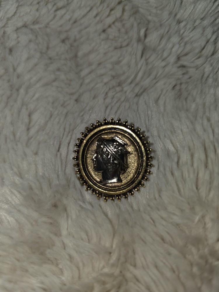 Vtg ART Signed Greek Hermes Revival Coin Antiqued Gold Tone Tie Back Pin