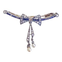 Antique Victorian 9k Gold Diamond Sapphire and Pearl Brooch