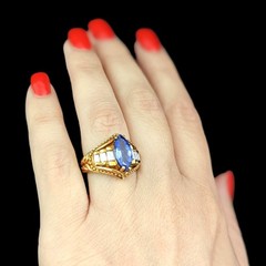 GIA Cert Vintage Tanzanite Baguette Cut Diamond 18k Yellow Gold Statement Ring