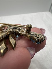 VTG Mazer Sterling Vermeil Aqua Rhinestone Ribbon Bow Dangle Brooch Pin