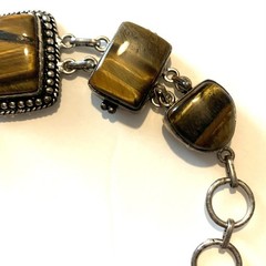 Vintage Polished Tiger’s Eye Silver Tone Bracelet 7” Chunky Statement Piece