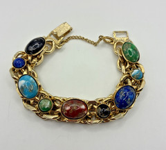 Vintage Bracelet Chunky Gold Tone Multi Color Cabochon Curb Link Safety Chain