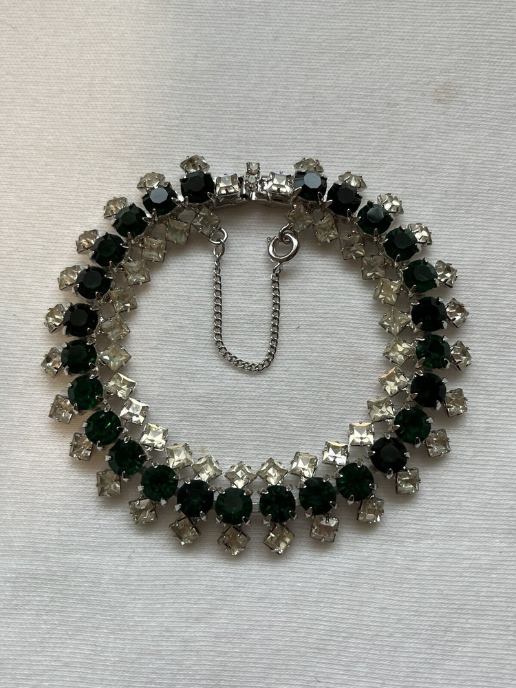 VTG Hobe Emerald Green & Clear Crystal Rhinestone Bracelet W/ Safety Chain