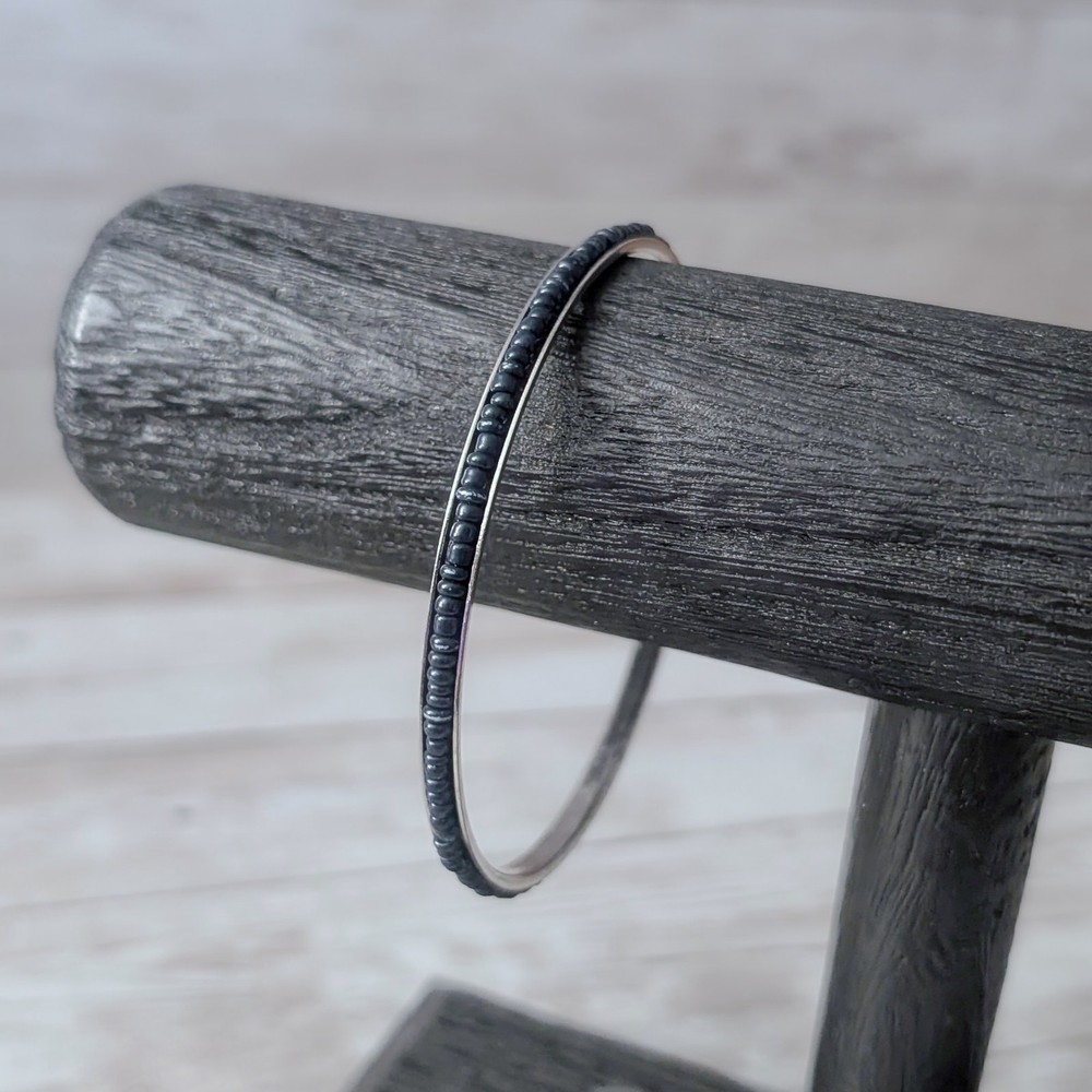 Vintage Bracelet Bangle – Dark Seed Beads on Metal 8.5″
