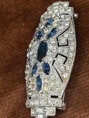 Art Deco Blue Uranium Glow Clear Paste Brooch w/ Baguette & Pavé Rhinestones 2”
