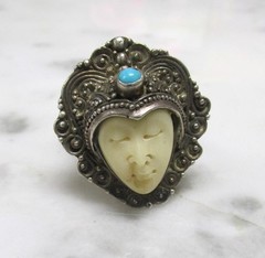 Sajen Goddess Sterling Silver Carved Face Ring w/ Turquoise Sz 9 ~ 13g ~ 9-I836