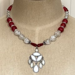 Handmade Red & Clear Crackle Glass Bead Necklace Acrylic Pendant Magnetic Clasp