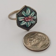 Vintage Persian Black Enamel Ring Flower Middle Eastern Art Mediterranean 7.25