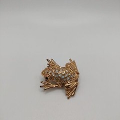 Rhinestone Green Eyed Frog Gold Tone Brooch