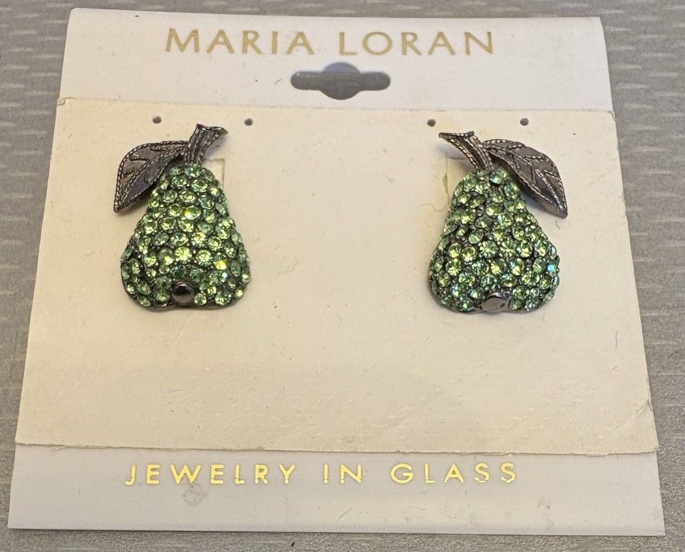 vintage Maria Loran Green Rhinestone Pear Fruit Earrings Jewelry in Glass Card