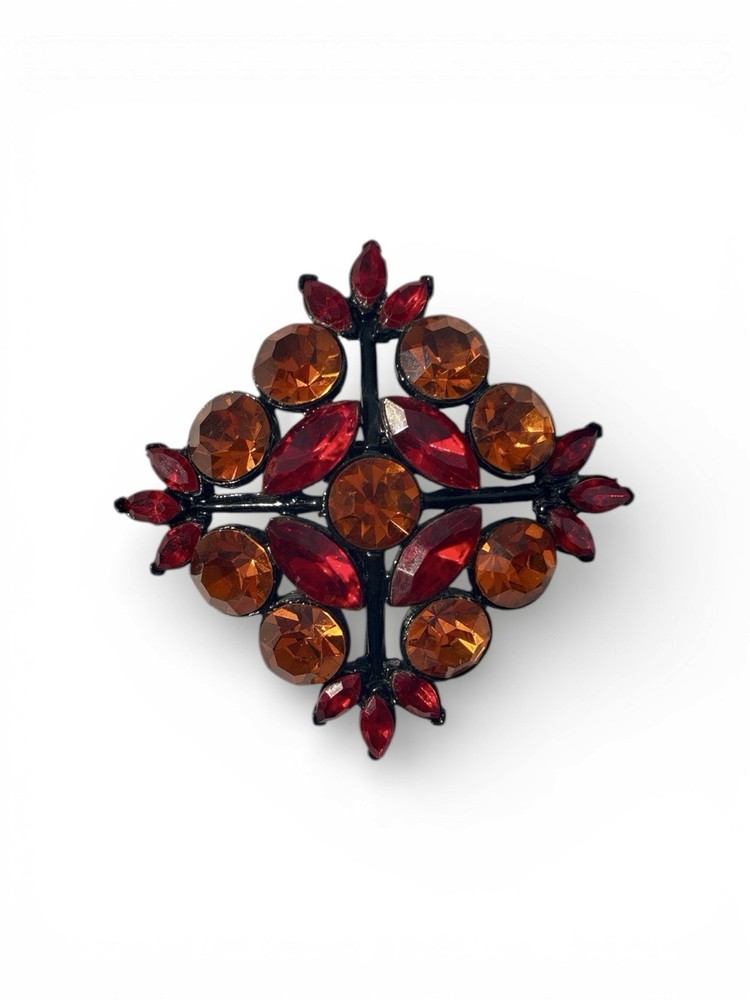 Vintage Signed Edlee Black Enamel Red Orange Rhinestone Brooch Pin