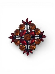 Vintage Signed Edlee Black Enamel Red Orange Rhinestone Brooch Pin