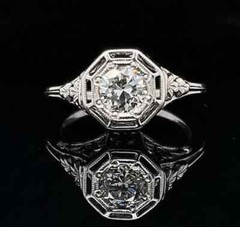 Art Deco Style Round Lab Created Diamond Engagement 14K White Gold FInish Ring