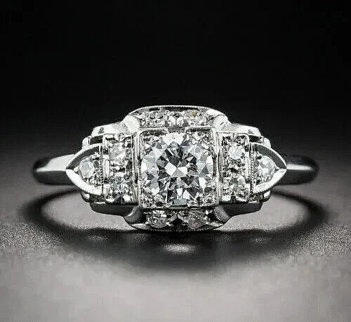 Art Deco Style 2Ct Round Cut Lab Created Diamond Wedding 14K White Gold FN Ring
